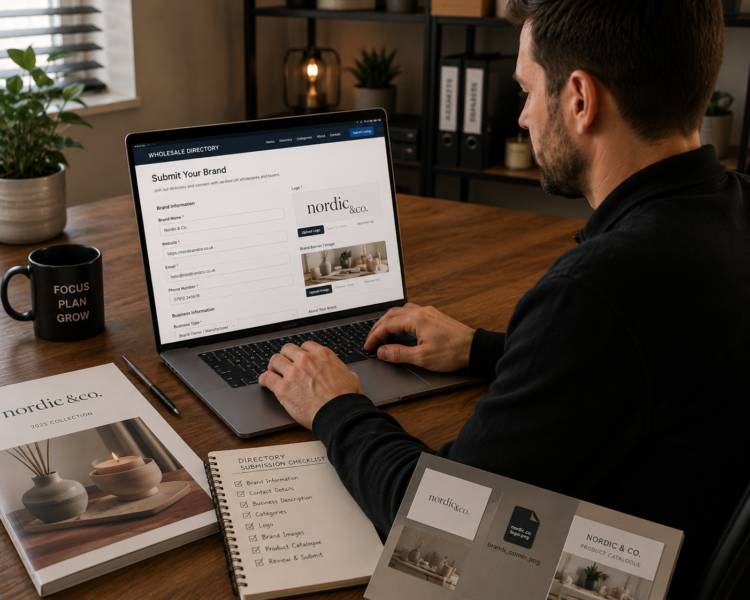 UK brand manager completing Brandhunterz directory listing submission form laptop office 2026