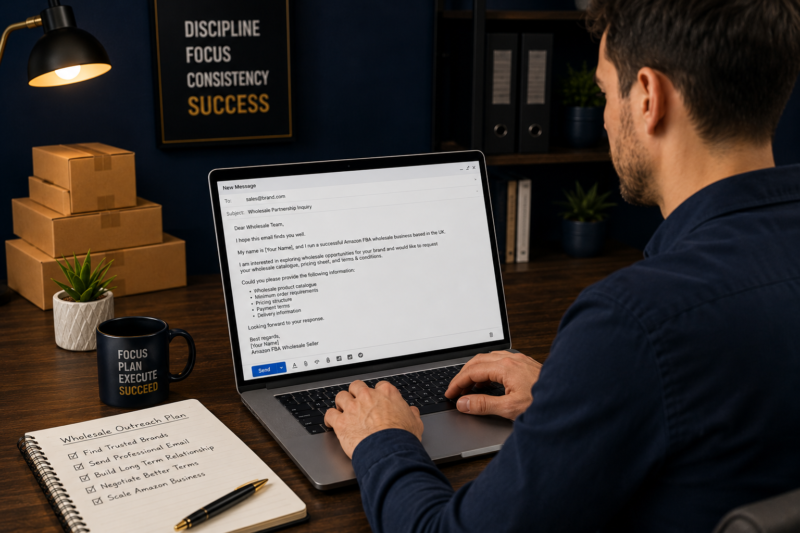 Amazon FBA seller contacting wholesale brand from Brandhunterz directory 2026
