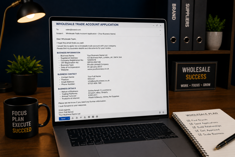 Professional wholesale trade application email template for Amazon FBA eBay sellers 2026