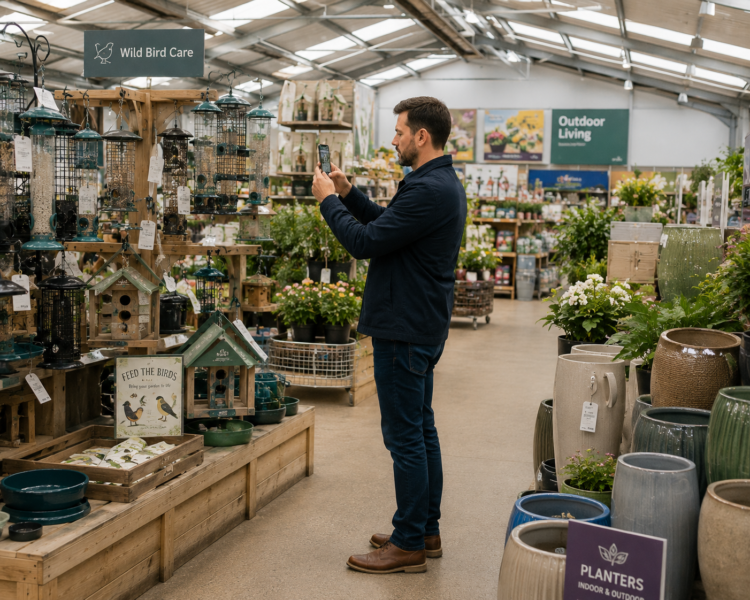 UK garden centre aisle bird feeders planters solar lights wholesale brands research 2026