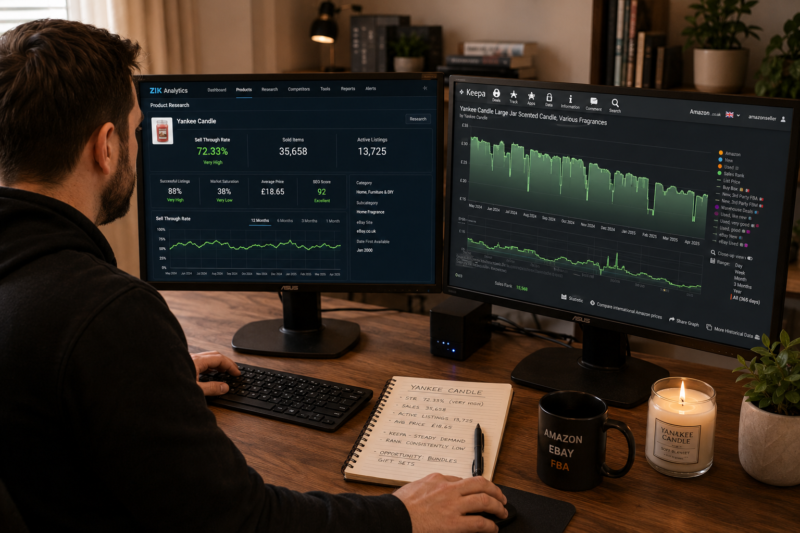 Kitchen home wholesale seller checking candle brand eBay sell through rate Zik Analytics laptop 2026