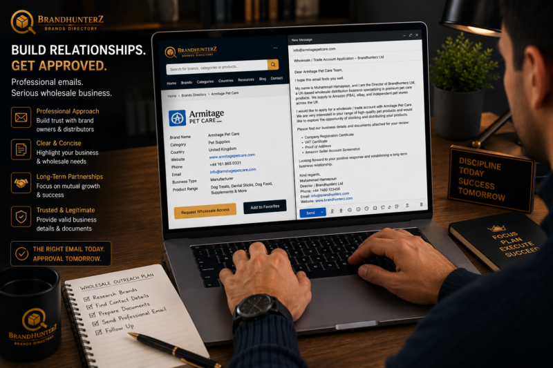 Amazon FBA seller researching wholesale brands on laptop using Brandhunterz directory 2026