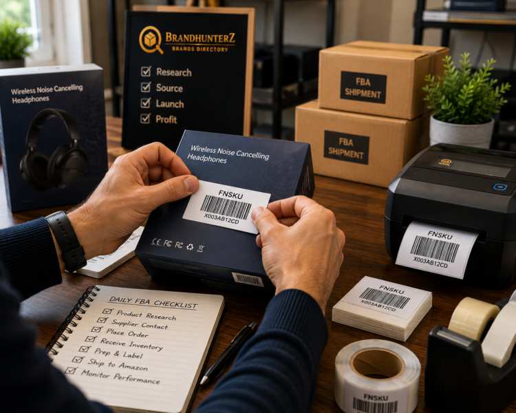 Amazon FBA seller applying FNSKU labels and packing inventory for first FBA shipment 2026