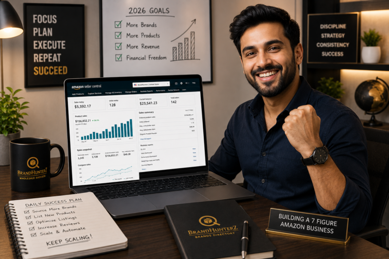 Amazon FBA wholesale seller reviewing scaled business brand portfolio 10000 monthly profit 2026