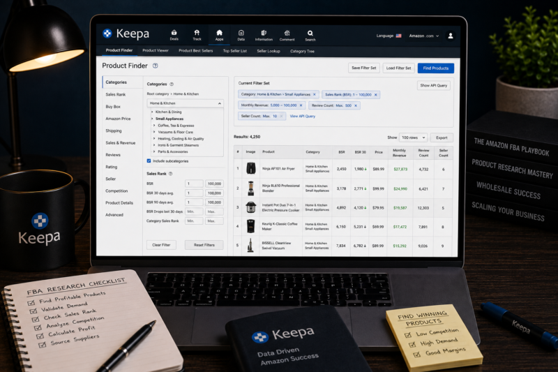 Keepa Product Finder tool settings wholesale FBA research Amazon 2026