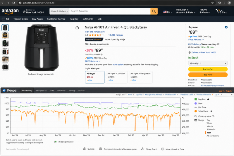 Keepa Chrome extension graph on Amazon product page seller research wholesale 2026