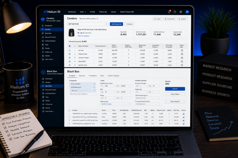 Helium 10 Cerebro keyword research Black Box product finder dashboard Amazon FBA 2026