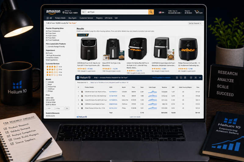 Helium 10 X-Ray tool showing revenue data on Amazon product page FBA wholesale 2026