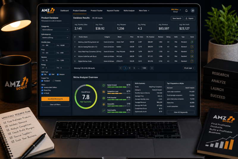 AMZScout Pro Extension product database FBA calculator niche analyser dashboard 2026