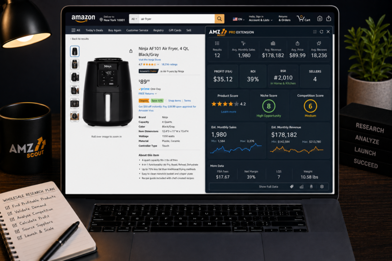 AMZScout Pro Extension showing product data niche score competition score Amazon 2026