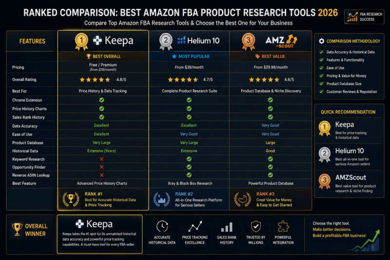 Product research tools ranking Keepa Helium 10 AMZScout comparison wholesale FBA 2026