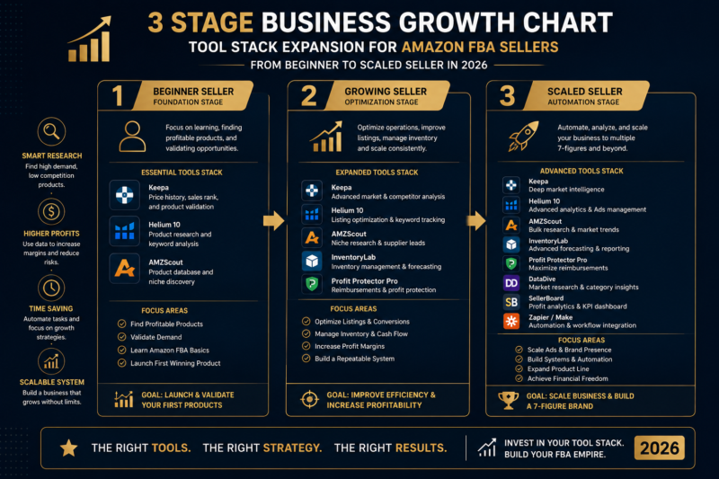 Complete FBA tools stack by business stage beginner growing scaled seller 2026
