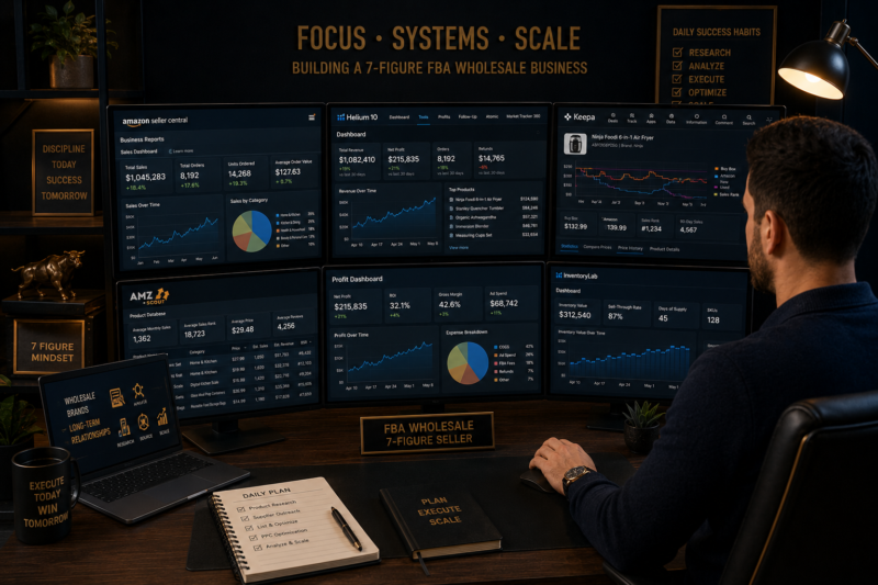 Amazon FBA wholesale seller with complete tools stack dashboard reviewing business performance 2026