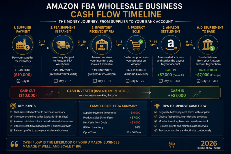 Amazon FBA wholesale cash flow working capital cycle timeline supplier payment disbursement 2026