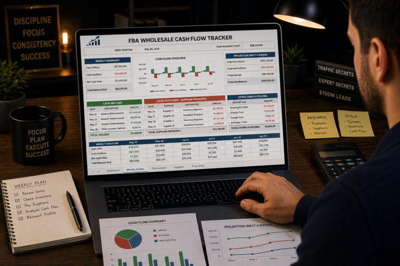 Amazon FBA wholesale seller reviewing cash flow tracker spreadsheet business finance 2026