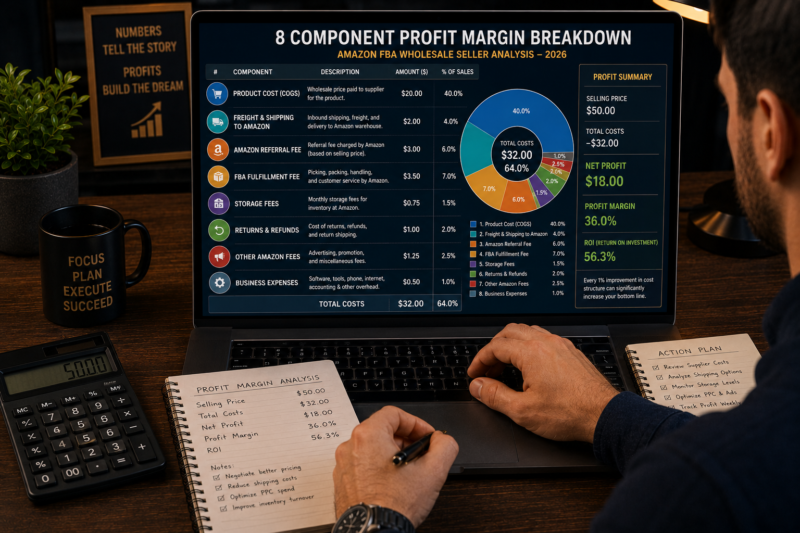 Amazon FBA true profit margin calculation eight cost components wholesale seller 2026