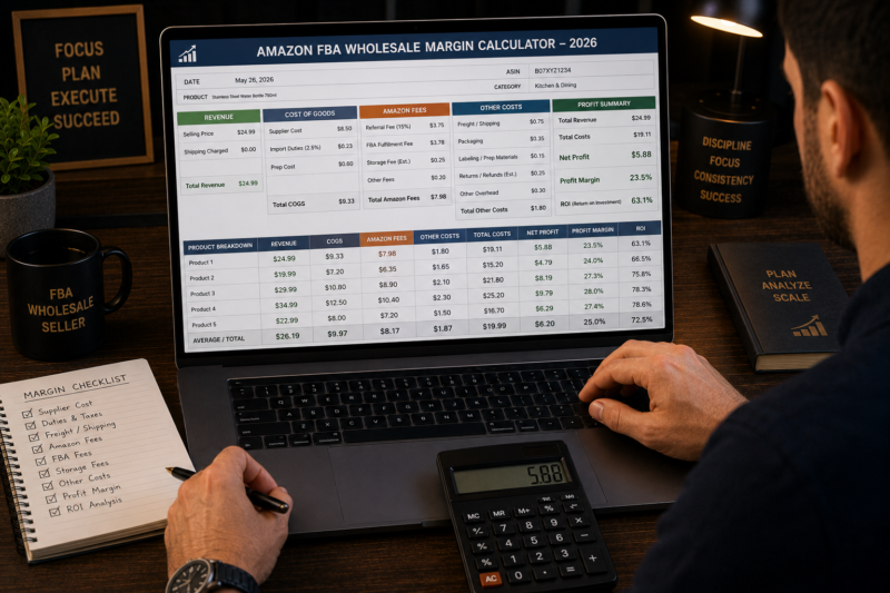 Amazon FBA margin calculation spreadsheet all eight cost components wholesale seller 2026