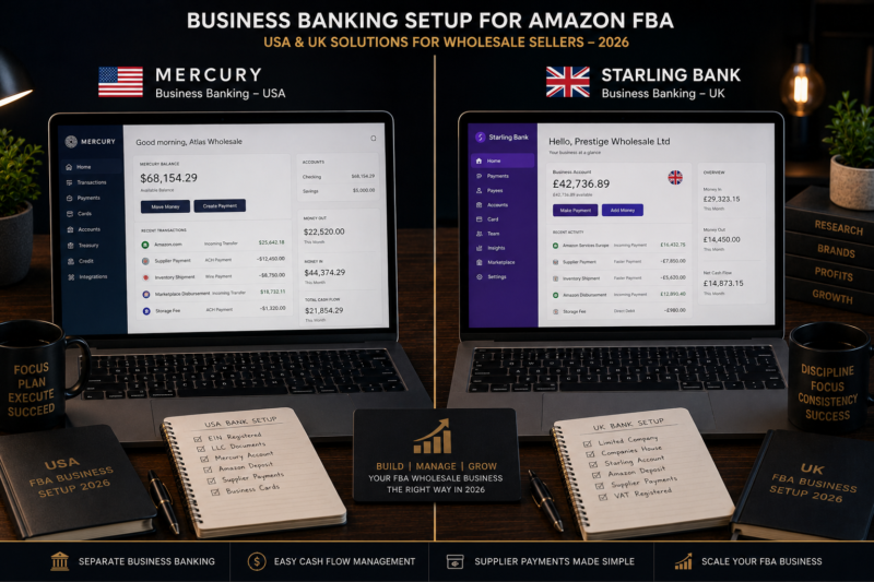 Business banking setup Amazon FBA wholesale USA UK Mercury Starling accounts 2026