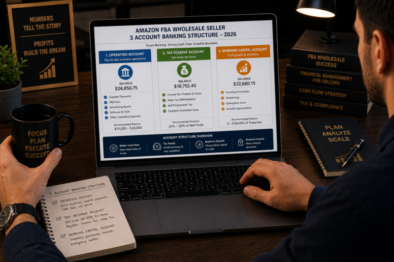 Amazon FBA seller managing multi-account banking structure business credit card financial setup 2026
