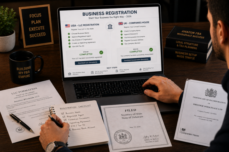 How to Register Business Amazon FBA LLC Sole Trader USA UK Guide 2026
