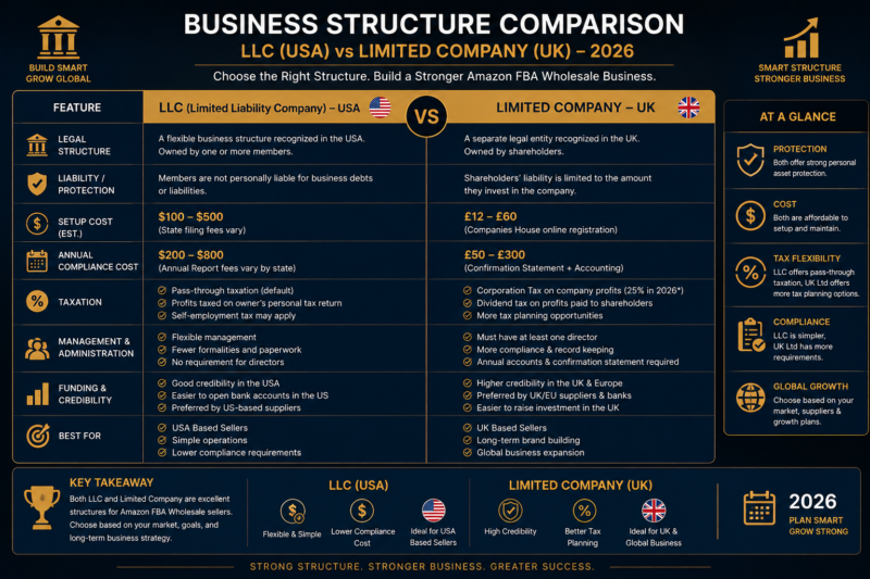 Amazon FBA business structure comparison LLC vs Limited Company USA UK 2026 wholesale