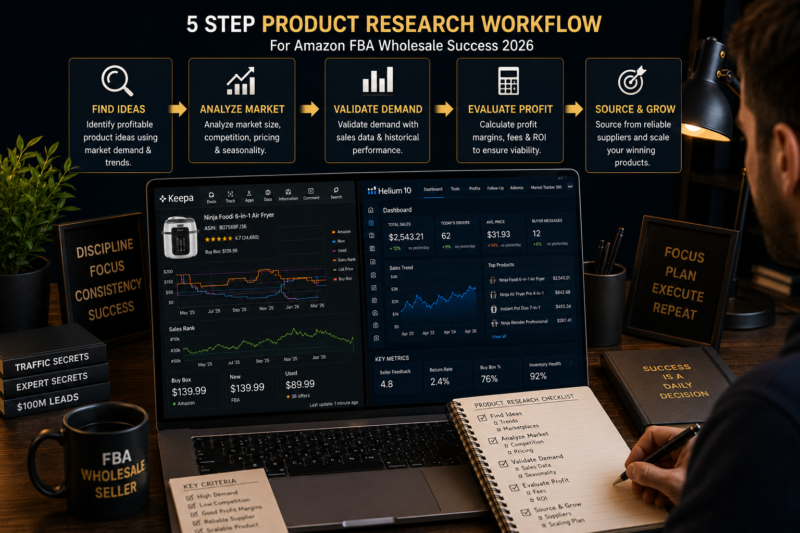 Amazon FBA seller running complete product research workflow Keepa Helium 10 laptop 2026