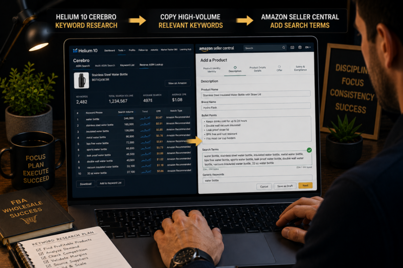 Amazon FBA seller using Helium 10 Cerebro keyword research backend search terms Seller Central 2026