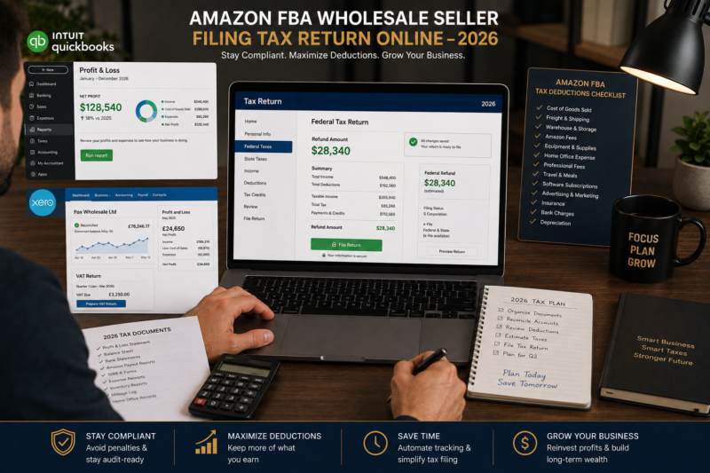 Amazon FBA seller reviewing tax obligations UK VAT Corporation Tax USA income tax quarterly 2026