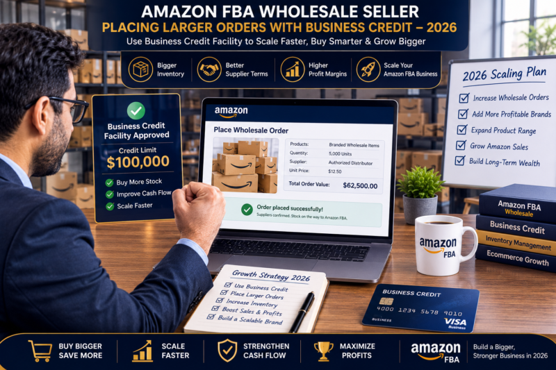 Amazon FBA wholesale seller reviewing business credit facilities scaling strategy 2026