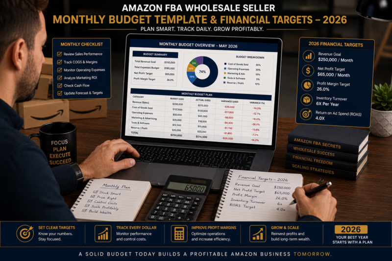 Amazon FBA wholesale seller reviewing monthly budget spreadsheet financial targets 2026
