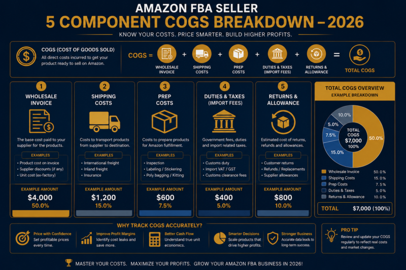 Amazon FBA COGS five components inventory cost tracking wholesale seller spreadsheet 2026