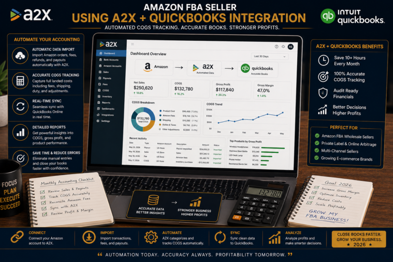 Amazon FBA inventory cost tracking COGS accounting software A2X QuickBooks Xero 2026