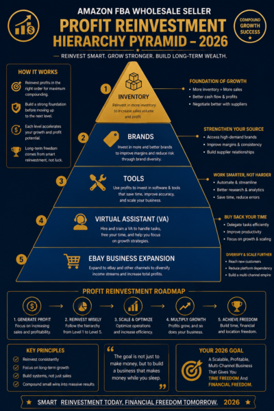 Amazon FBA profit reinvestment hierarchy inventory brands tools VA eBay expansion 2026