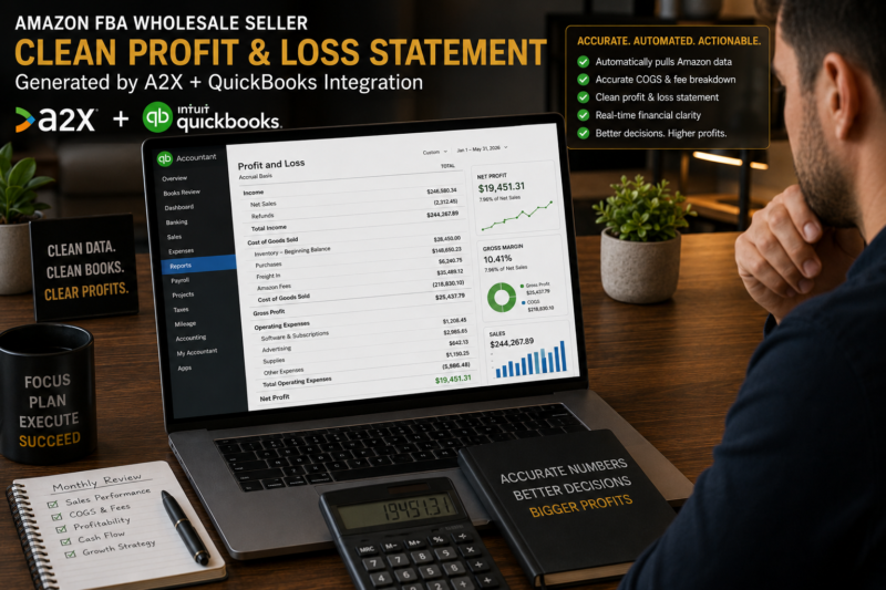 Amazon FBA seller using QuickBooks Xero A2X accounting stack wholesale business laptop