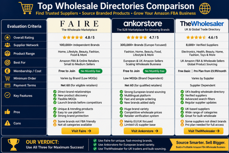 Best Wholesale Directories Comparison Faire Ankorstore TheWholesaler Amazon FBA