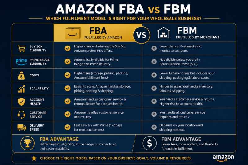 Amazon FBA vs FBM Comparison Wholesale Seller Buy Box Prime Badge Scaling