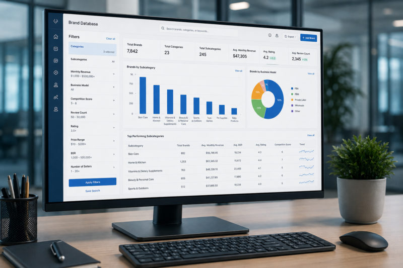 SmartScout Brand Database Subcategory Analysis Amazon FBA Wholesale Research Features