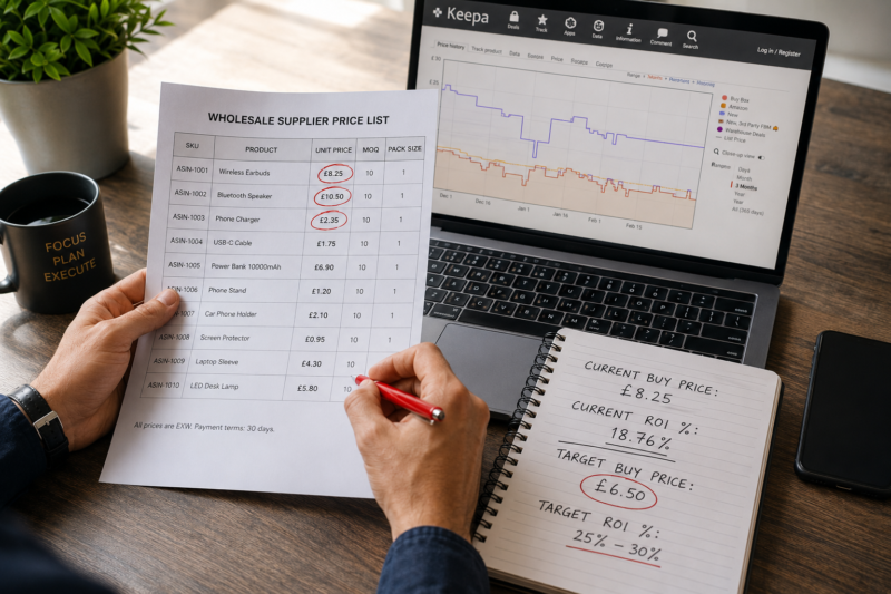 Amazon FBA Seller Reviewing Wholesale Price List Margin Calculations Negotiation Timing