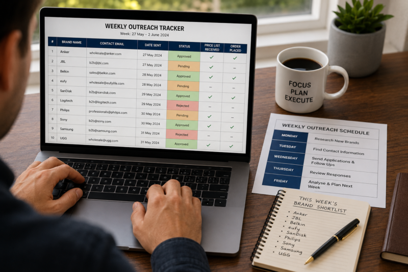 Amazon FBA Seller Weekly Supplier Outreach System Tracking Spreadsheet Brand Portfolio Growth