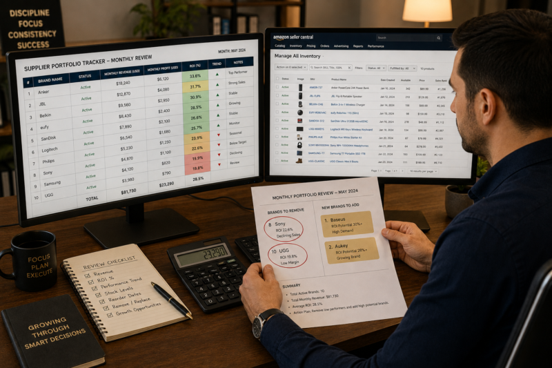 Amazon FBA Wholesale Seller Reviewing Brand Portfolio Tracker Scaling 1 to 10 Suppliers