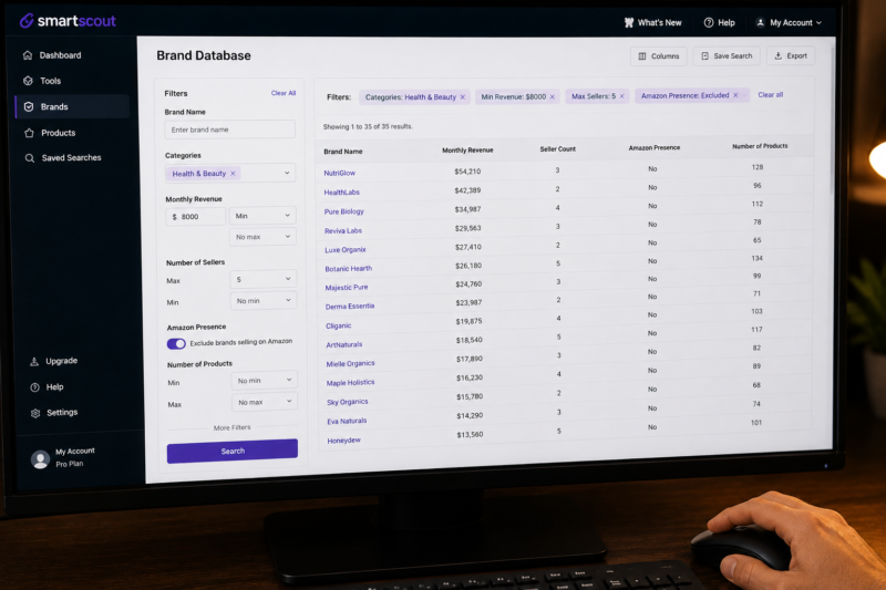 Amazon FBA Seller Using SmartScout Brand Database Filters Wholesale Research Category Revenue Sellers