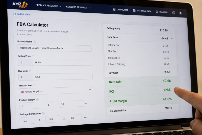 Amazon FBA Seller Using Revenue Calculator Laptop Screen Showing Fee Breakdown Wholesale Margin Calculation