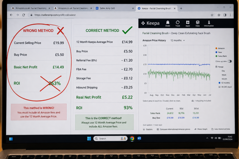 Amazon FBA Seller Checking Full FBA Fee Breakdown on AMZScout Calculator Laptop Screen Wholesale Margin