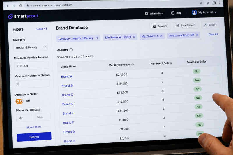 SmartScout Brand Database Filter Screen Showing Maximum 5 Sellers Category Health Beauty Revenue 10000 Amazon Excluded Wholesale Research
