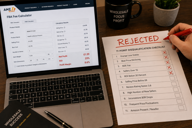 Amazon FBA Wholesale Seller Reviewing Product Disqualification Checklist Keepa Warning Signs Screen Open Laptop