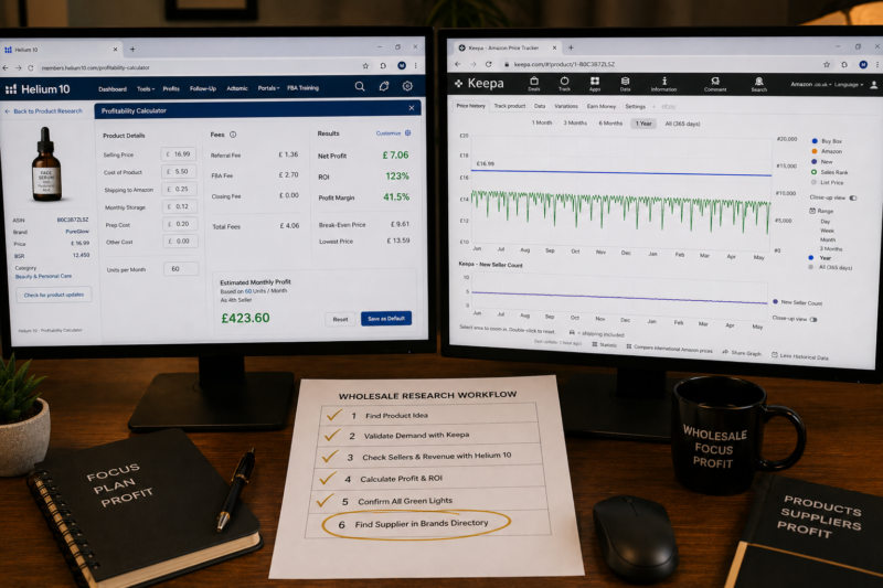 Helium 10 Profitability Calculator Screen Showing Selling Price 16.99 FBA Fee 2.70 Referral Fee 1.36 Buy Cost 5.50 Net Profit 7.06 ROI 123 Percent Wholesale FBA Research