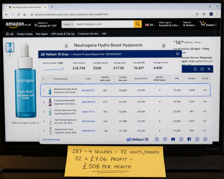 Helium 10 Xray Extension Open Amazon Product Page Showing Monthly Units Sold 287 Revenue 4830 Sellers 3 BSR 12450 Wholesale Demand Validation