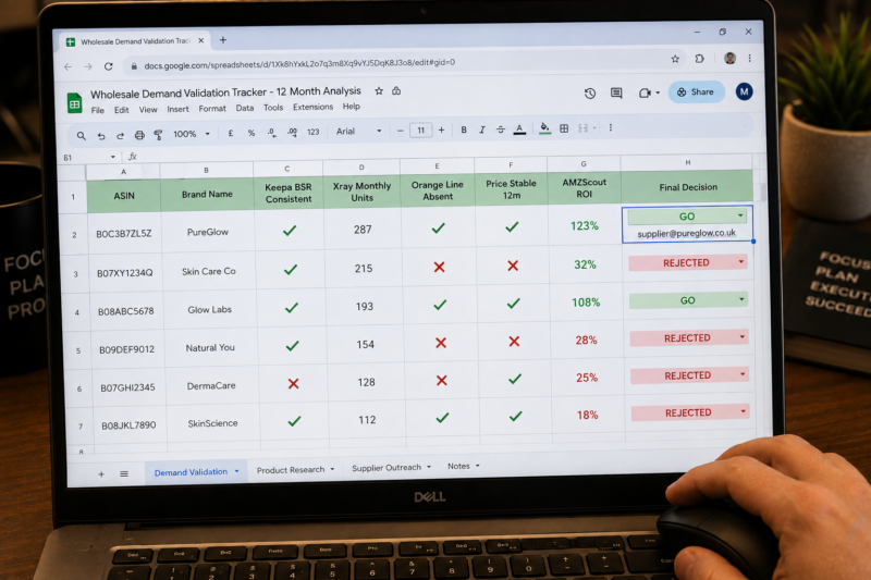 Amazon FBA Wholesale Seller Demand Validation Tracker Spreadsheet Open on Laptop Showing ASIN Keepa BSR Xray Units Orange Line Price Stable ROI Results for Multiple Products