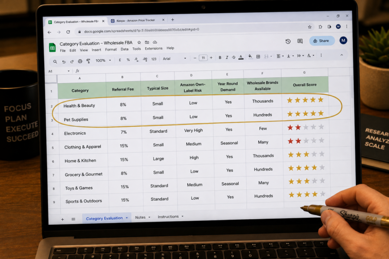Amazon FBA Seller Using SmartScout Subcategory Analysis Laptop Screen Showing Pet Supplies Subcategory Revenue Brand Count Average Sellers Amazon Revenue Share Wholesale Category Research