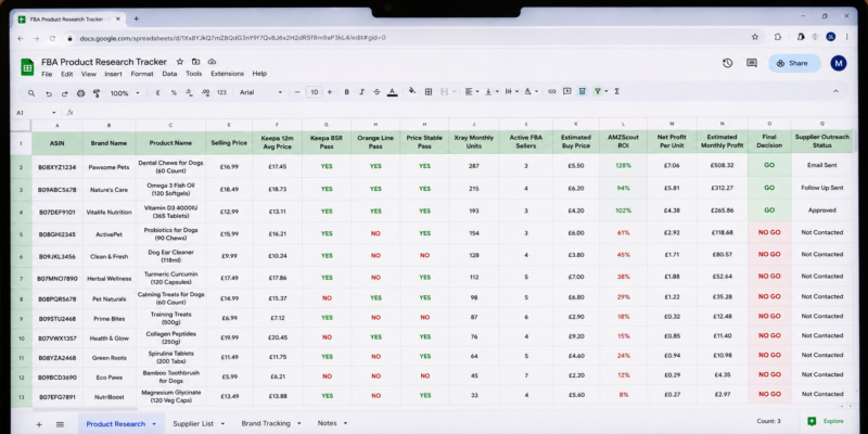 Amazon FBA Product Research Tracker Spreadsheet Open on Laptop Screen Showing ASIN Brand Keepa BSR Pass Orange Line Pass Price Stable Xray Units FBA Sellers ROI Final Decision Columns Filled For 15 Products With Mix of GO and NO GO Results